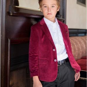 Gioberti Little Boys Formal Velvet Blazer Contrasting Buttons, Burgundy,